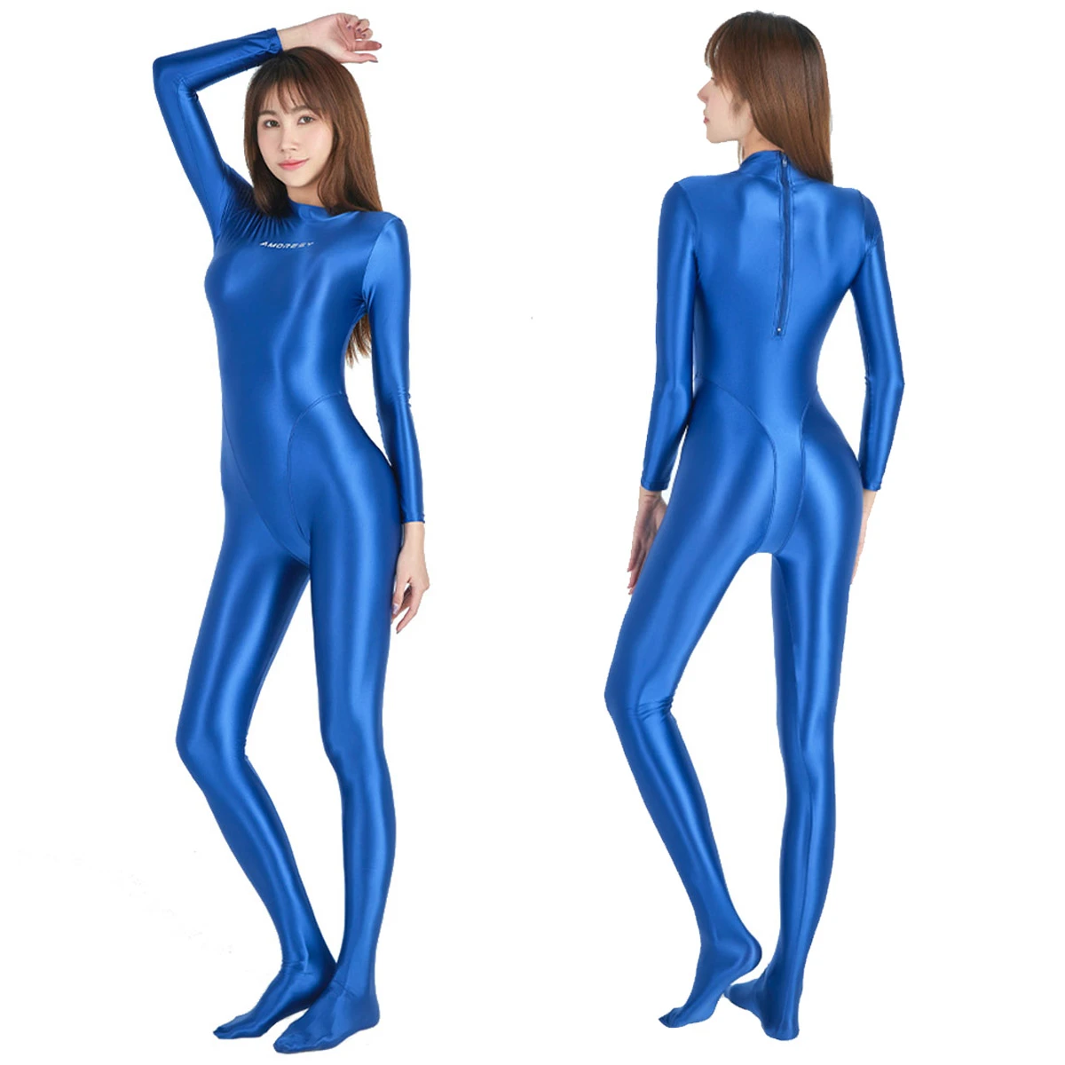 Amoresy Sexy Shiny Bodysuit Full Length Oil Smooth Running Overalls Yoga Zentai Suits Casual