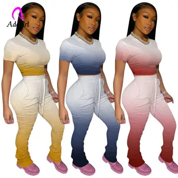 

2020 Women's Two Piece Set Plus Size Stacked Trousers Leggings Pants Tracksuit Crop Top Ruched Leggings Pant Outfits Sweat Suits