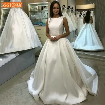 

Delicate White Ball Gown Wedding Dresses Scoop Satin Sashes Church 2020 Ivory Bridal Dress Custom Made Sweep Train Wedding Gowns