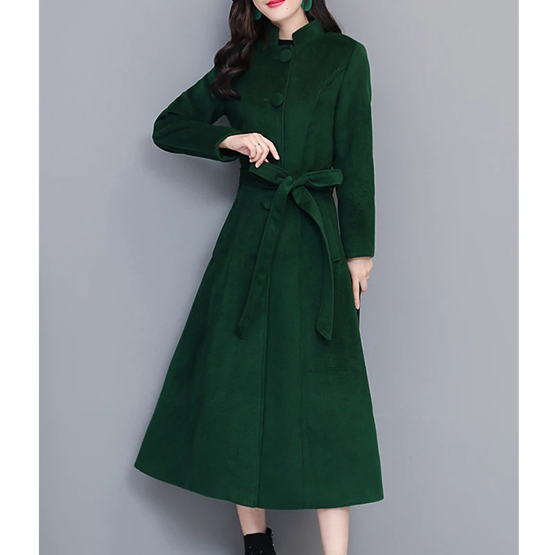 Новая мода зима Мандарин Воротник длинное платье пальто женское английское шерстяное кашемировое пальто - Цвет: Зеленый