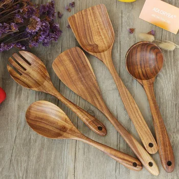

Kitchen Utensils Set Wooden Cooking Spoon Tool Non-Stick Pot Handmade Natural Teak Manufacturing Without Any Paint