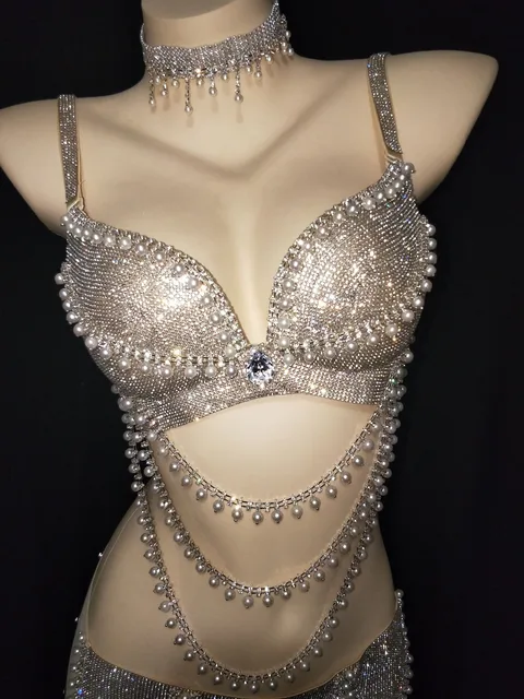 benzin Postimpressionisme fisk og skaldyr Pearl Beaded Silver Full Rhinestone Bra Short Set Prom Party Outfit Bar  Wear Women Dance Show Bikini Outfit Set - Chinese Folk Dance - AliExpress