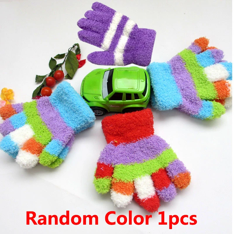 Kids Students Knitting Feather Winter Warm Coral Fleece Gloves Children's Candy Color Knitted Comfort Cute Towel Gloves 1 Pair