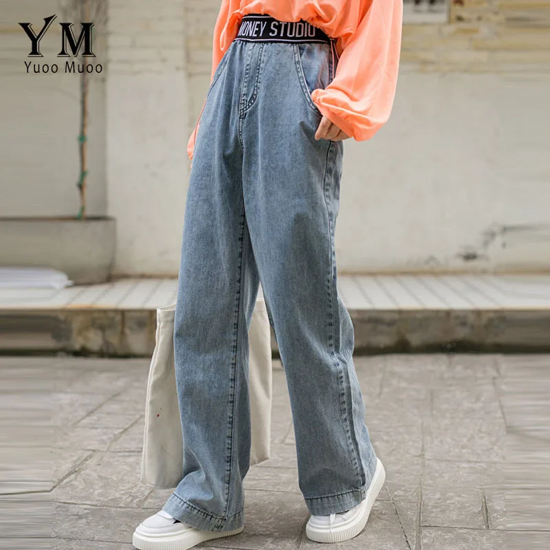 YuooMuoo Ins/Лидер продаж, джинсы с высокой талией и эластичным буквенным принтом высокого качества, новинка года, винтажные широкие джинсы, брюки, просторная легкая синяя джинсы Mujer - Цвет: Vintage Blue