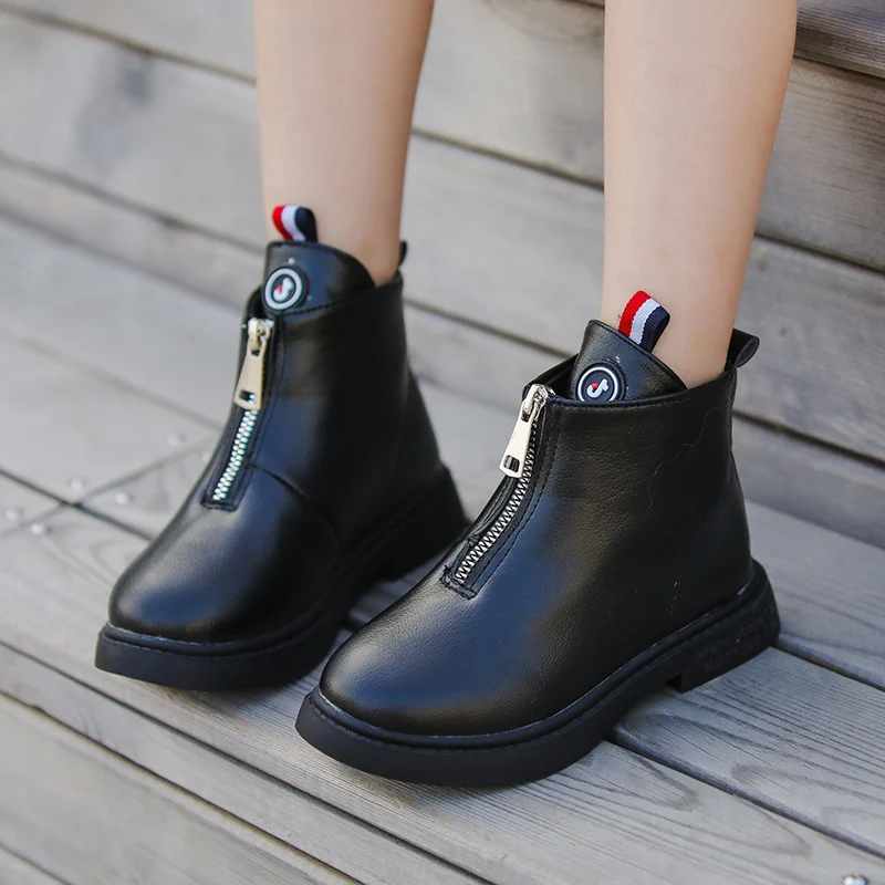 Г. Осенние модные ботинки для девочек кожаные ботильоны в Корейском стиле школьные зимние ботинки для больших девочек черного и белого цвета, размеры 27-37 - Цвет: black