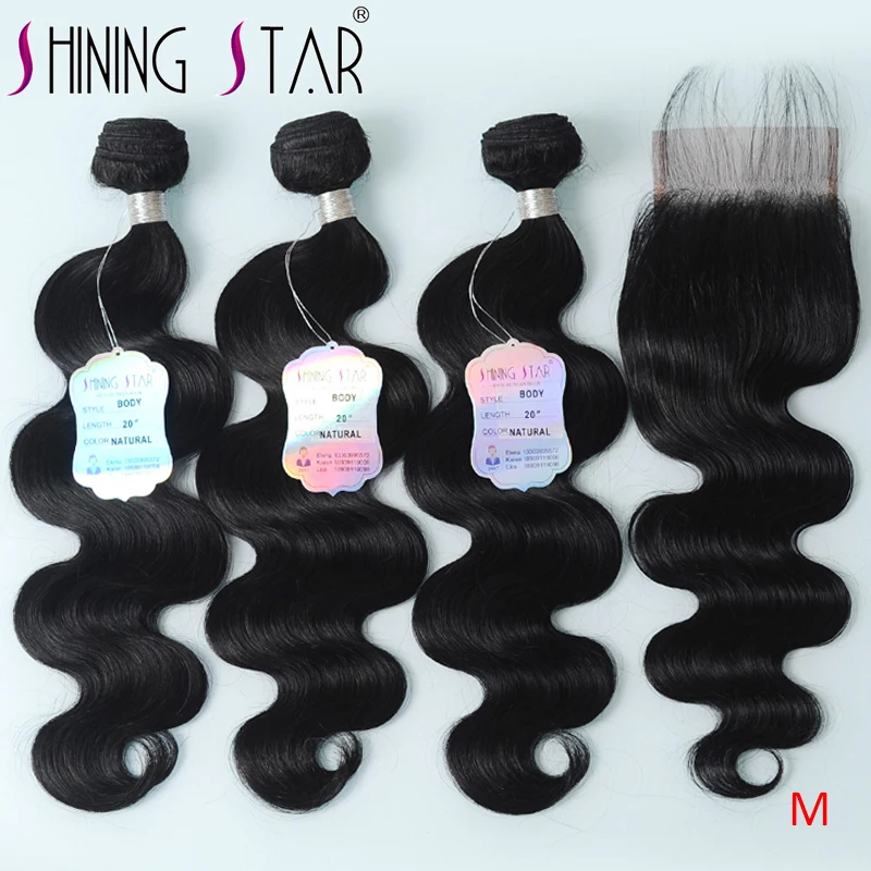 

Shining Star Peruvian Human Hair Bundles with Closure Body Wave 3pcs Bundles with Closure Pre-Plucked with Baby Hair Remy Hair