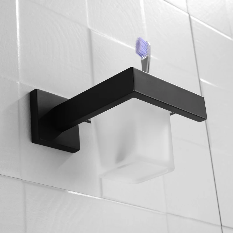Matte Black Toothbrush Holder Tumbler Cup for Bathroom Wall Mounted Glass Toothpaste Holder Stainless Steel Accessories