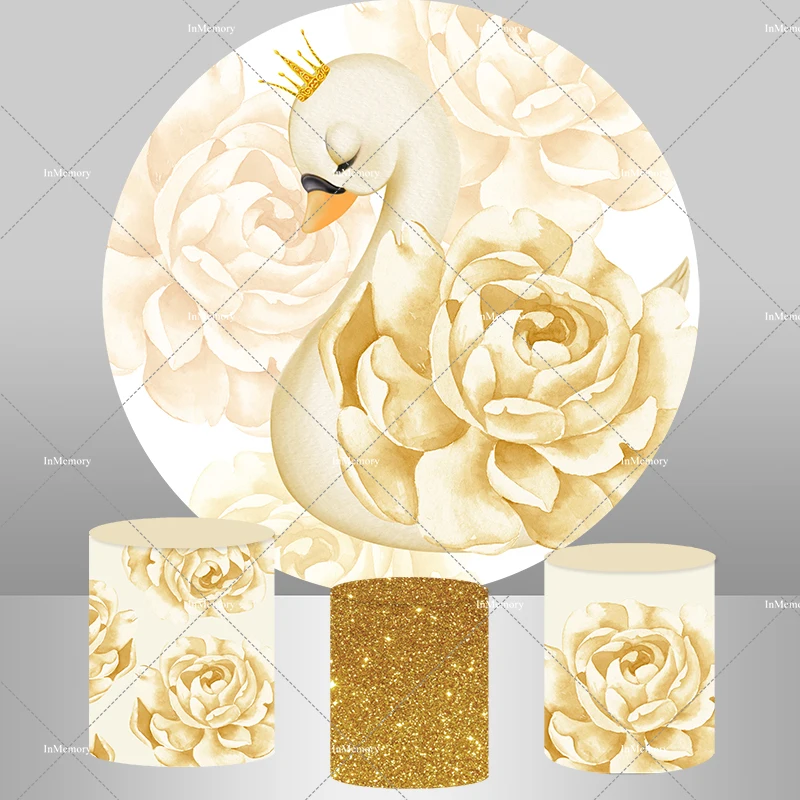 Happy Birthday Party Circle Fondali Golden Swan Princess Girl Photography Background Decor Table Plinth Covers