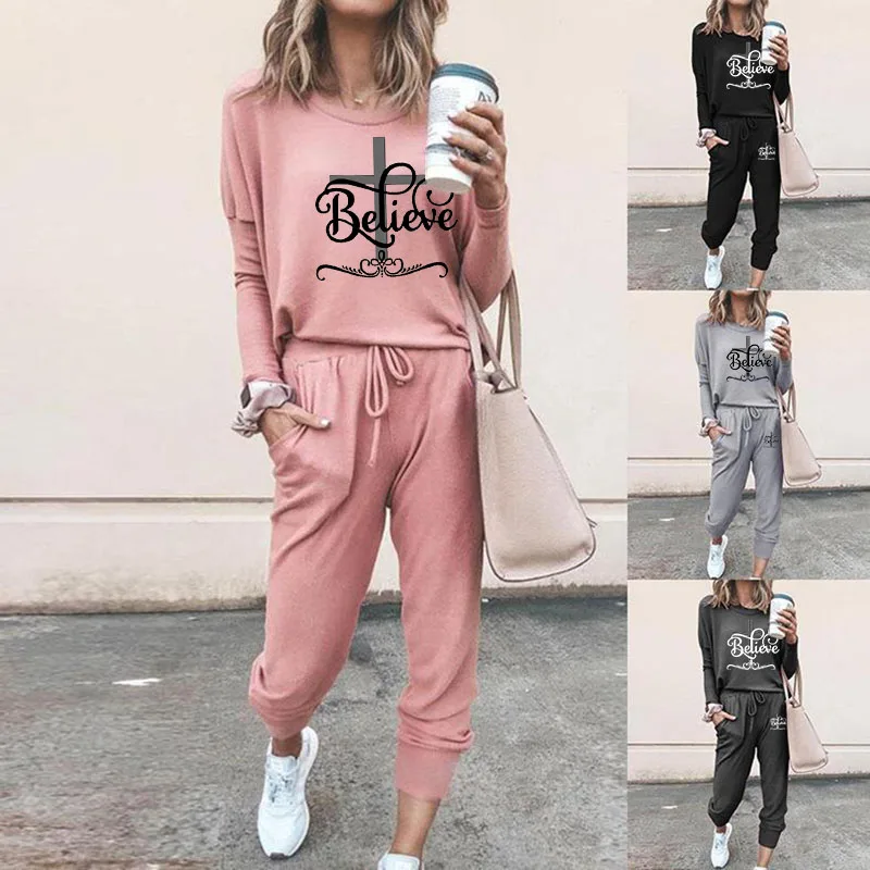 Women's Winter Suit Believe Cross Print Trend Pattern 2pcs Sport Pullover Solid Color Casual Fashion Women Clothing Ladies Suit frog drift streetwear hole cross pattern knitting clothing casual loose full woolen coat pullover tops sweater for men unisex