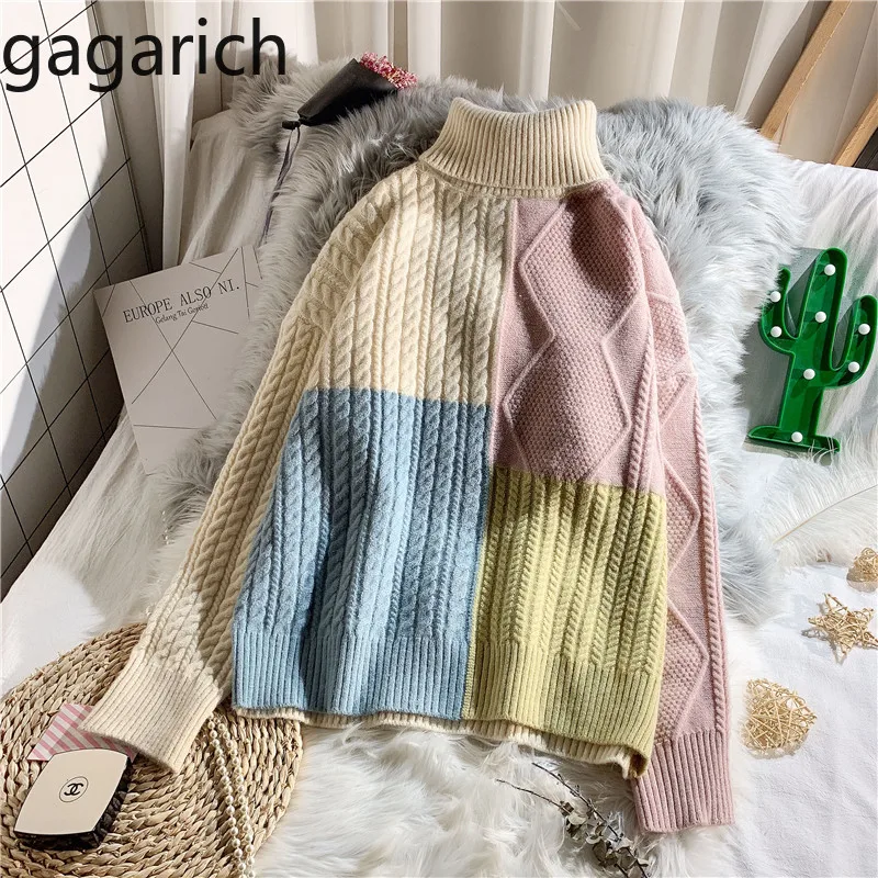 Gagarich Sweater Women New Knitted Full Turtleneck Contrast Color Loose Casual Harajuku Autumn Winter Female Pullovers