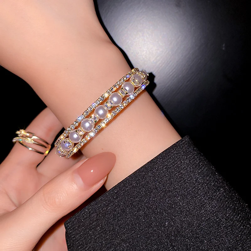 FYUAN Geometric Multilayer Rhinestones Bracelet & Bangles For Women Pearl Cuff Bracelets Weddings Jewelry bangle bracelet