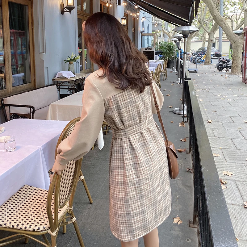 MISHOW осенне-зимнее винтажное клетчатое платье для женщин лоскутное однобортное мини-платье с отложным воротником Vestido MX19D1378