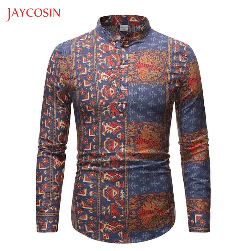 Joycosin зимняя мужская рубашка, Повседневная модная мужская одежда, благородный дворцовый принт, стоячий воротник, длинный рукав, мужские топы, приталенная рубашка