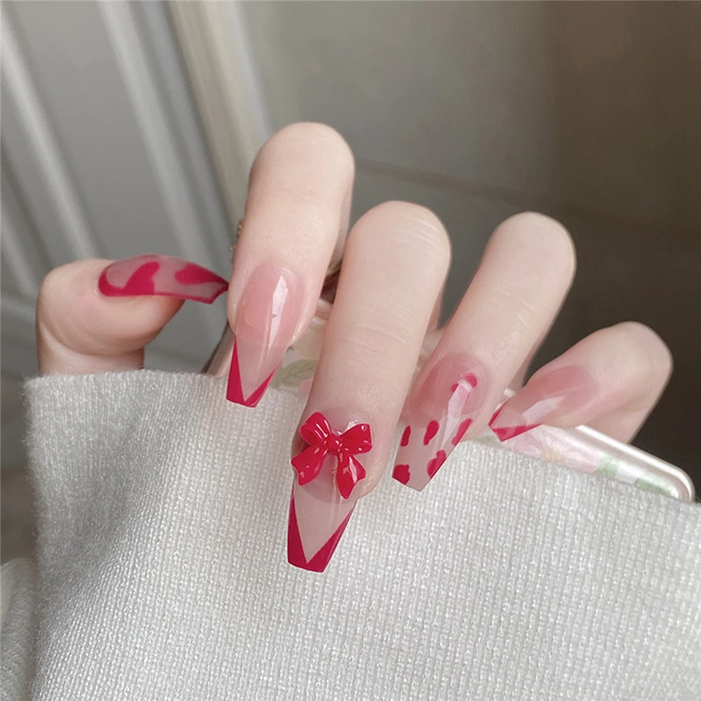 24pcs/Box French Red V Shape False Nails with Bow Design Detachable Coffin  Fake Nail Patches Press On Nails Ballerina Nail Tips|False Nails| -  AliExpress