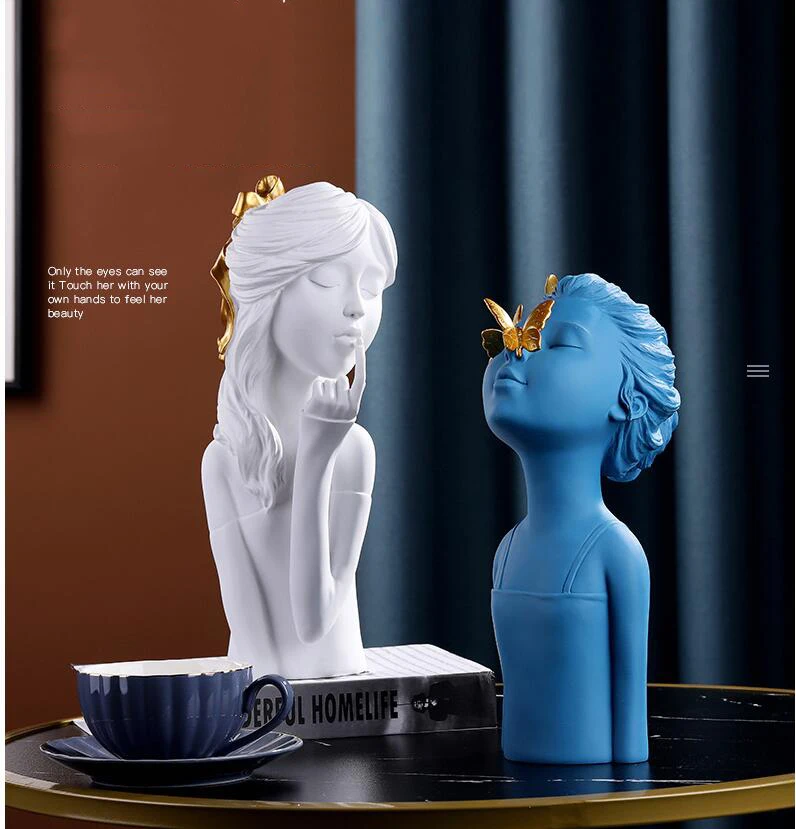 Modern Ins White Blue Girl Statues Resin Accessories Home Livingroom Table Sculpture Crafts Bedroom Desktop Figurines Decoration