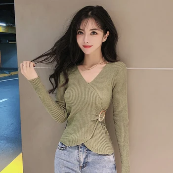 

3250 # 2019V Collar Sexy Solid Color Slim Fit Sweater Base Shirt Women's