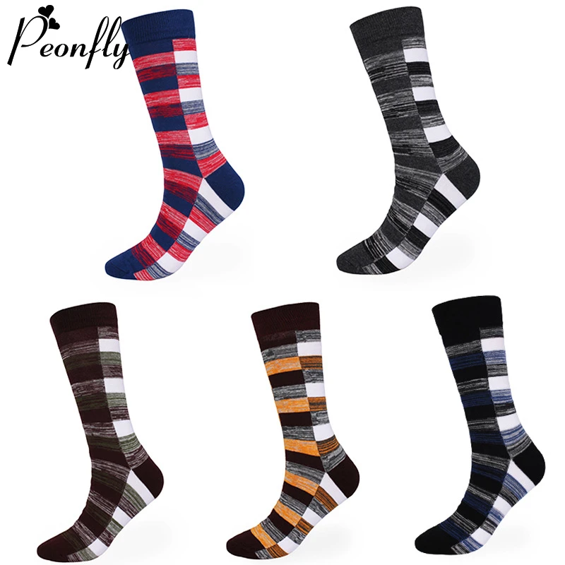 Peonfly Style Harajuku Trend Men's Geometric Striped Checkered Men Hip Hop Cotton Streetwear Funny Happy Socks | Мужская одежда