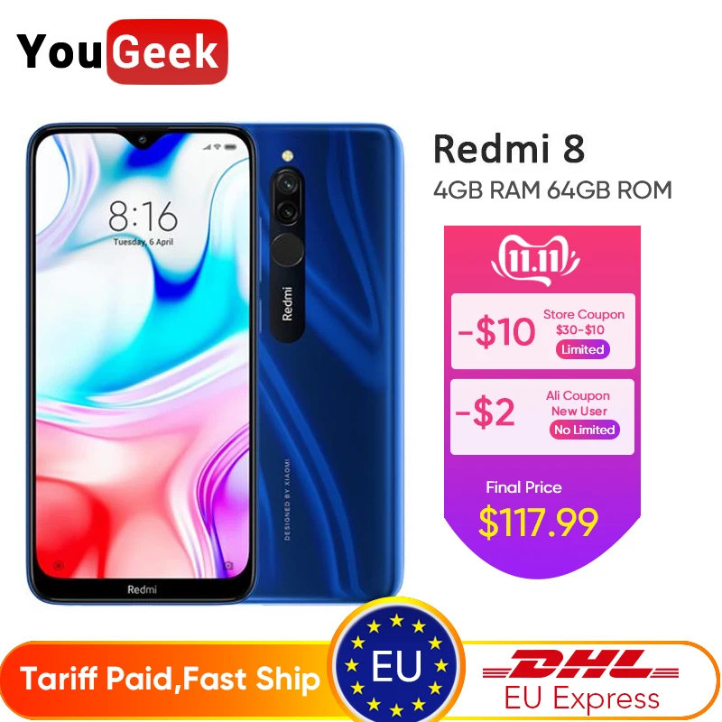 

New Global ROM Xiaomi Redmi 8 4GB RAM 64GB ROM Mobile Phone Snapdragon 439 Octa Core 12MP Dual Camera 6.26" 5000mAh Battery