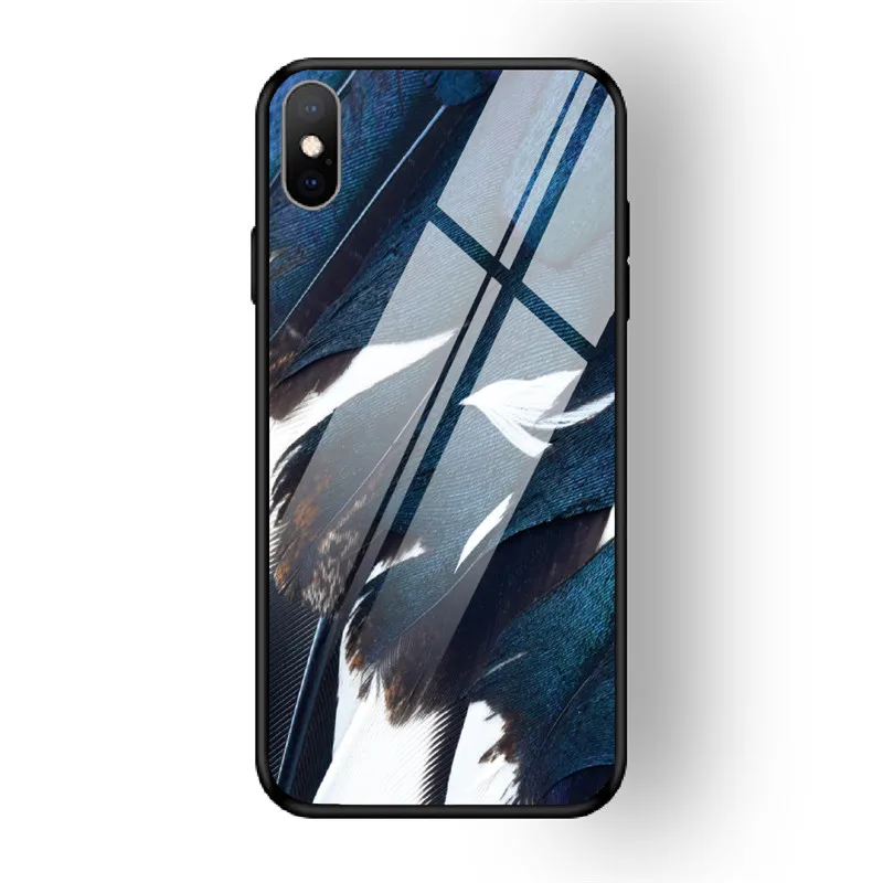 Чехол для iPhone X XS MAX XR для 6 6S 7 8 PLUS чехол из закаленного стекла с перьями красный желтый задняя чехол для iPhone 5 5S SE Funda - Цвет: 19