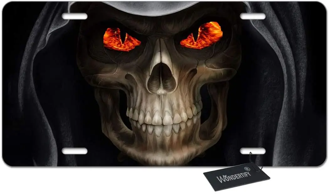 

License Plate Cool Skull Hoodie Death Dark with Red Eye Art Black Decorative Car Front License Plate,Vanity Tag,Metal Car Plate