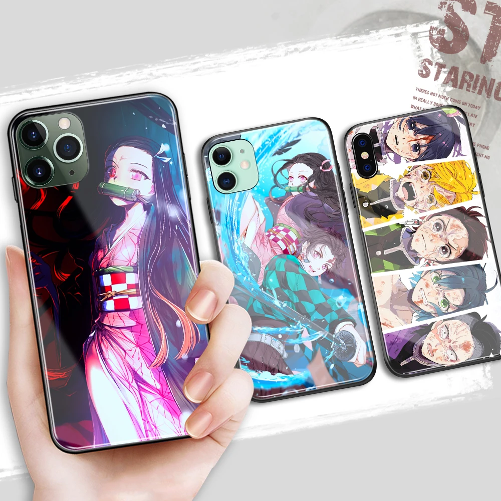 Glass Anime Smartphone Case For Iphone 11 Kimetsu No Yaiba Demon Slayer For Iphone 6 6s 8 7 Plus X Xr Xs 11 12 13 Pro Max Mini Phone Case Covers Aliexpress