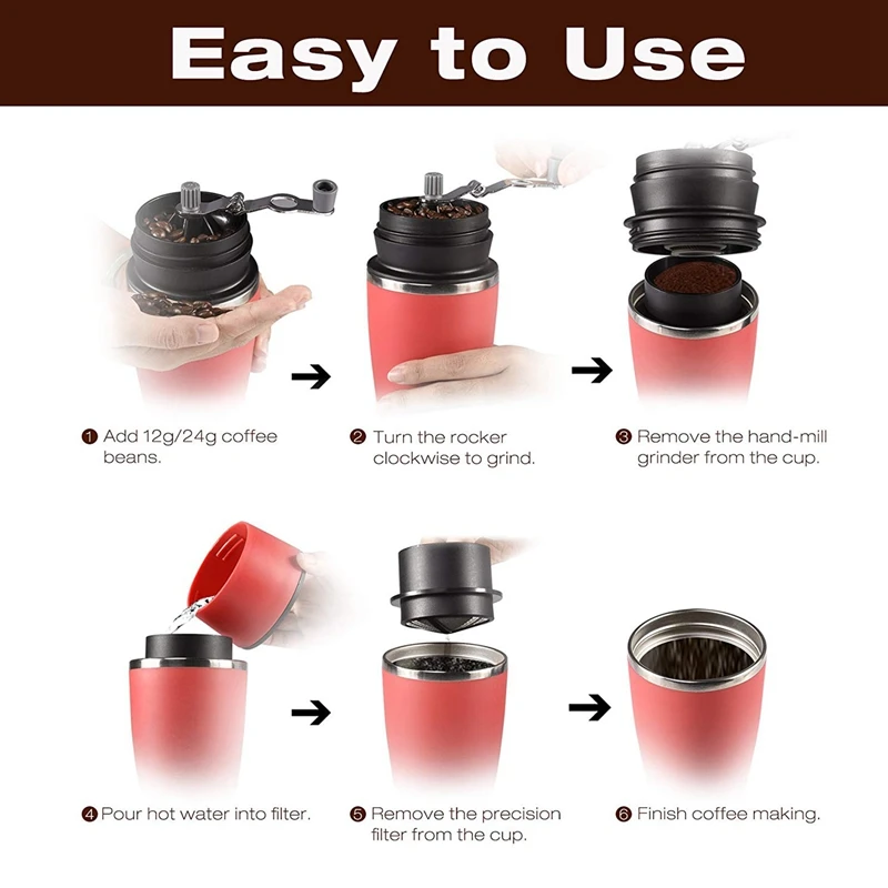 Portable Manual Coffee Grinder, Adjustable Single Cup Coffee Maker Ceramic Burr Coffee Grinder Mug with Built-in Grind and Brew