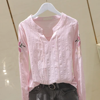 

100% Cotton Embroidery Women Blouse Autumn New V-Neck Long-Sleeved Solid Casual Female Pulls Outwear Tops