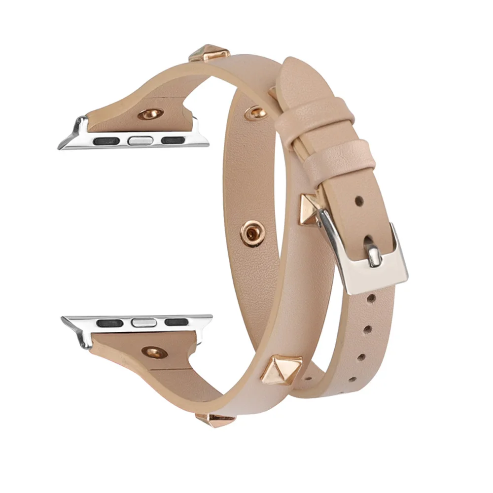 Beige Кожаная двойная упаковка ремешка для Apple Watch для женщин 38 мм 40 мм 42 мм 44 мм модный ремешок с заклепками для iWatch Series 5 4 3 2 1 - Цвет ремешка: Beige