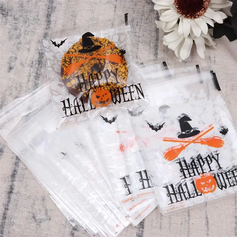 

100pcs Halloween Theme Packing Bags Pumpkin Printing Pattern Pouch Funny Self-Adhesive Storage Bag for Candy Gift Dessert Cookie