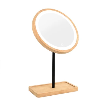 

Wooden Desktop LED Makeup Mirror USB Charging Adjustable Bright Diffused 360 Rotation Light Up Mirror