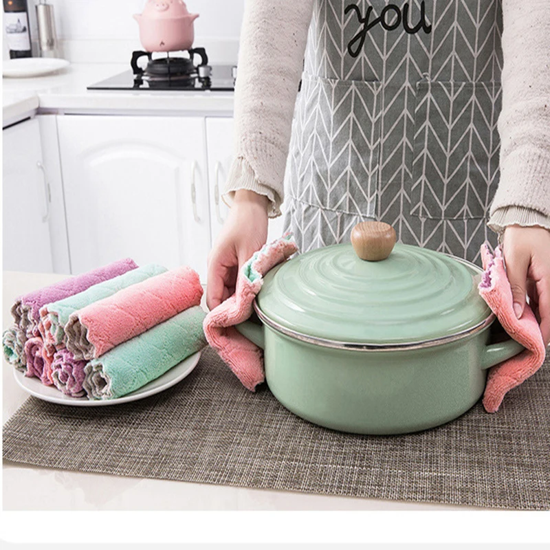 4pcs Clean Towels Microfiber Dishcloth Kitchen Accessories Double-sided Coral Fleece High Absorption Tableware Cloth Reusable