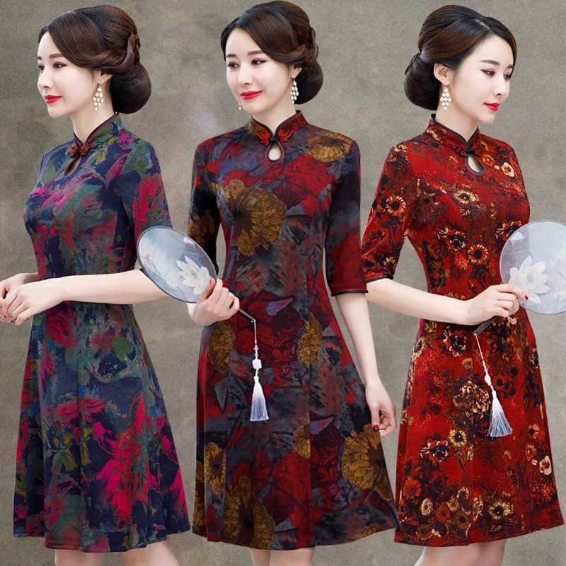 

Improved Cheongsam 2019 Spring And Summer Retro Mid-length Velvet Knitted Daily Life Cheongsam Dress Middle-aged Women Dress