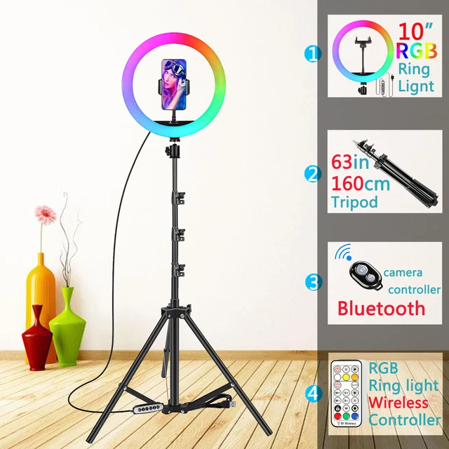 12in 30cm Selfie Ring Light RGB Tripod Phone Stand Holder Photography RingLight Circle Fill Light Led Color Lamp Trepied Makeup 10in RGB Type 2