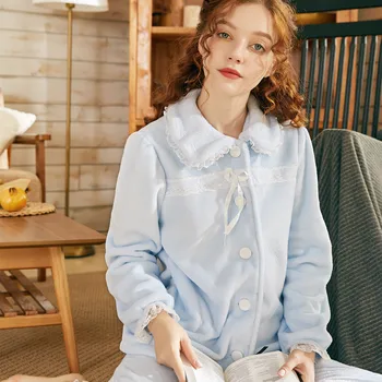 

Winter Velvet Pajamas Women's Spring Sweet Lovely Home Clothes Thickened Warm Princess Flannel Suit Maternity Nightgown