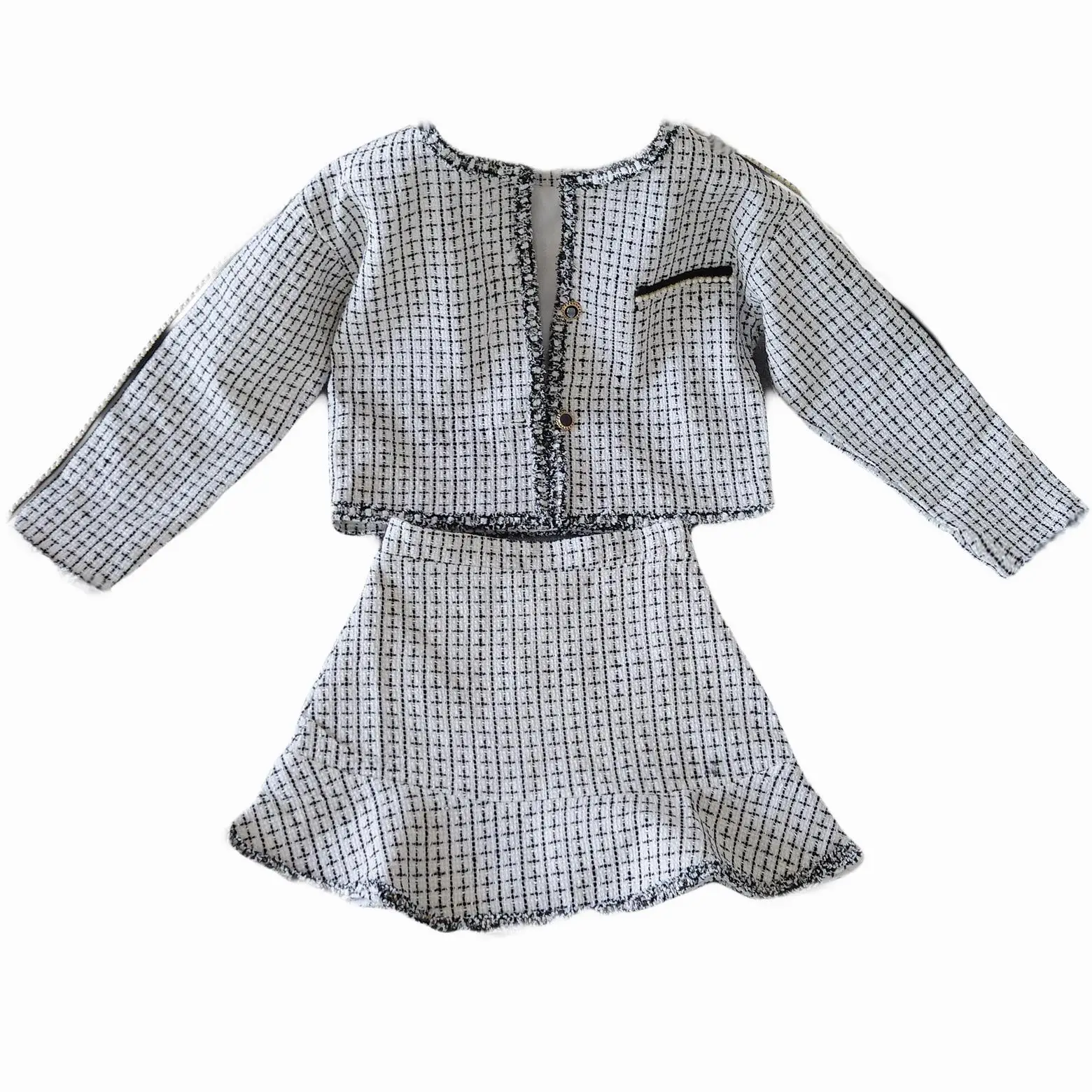  New Design Autumn Winter 2019 Women Crop Top Skirt Set Clothing Two-Piece Suit Dress Plaid Coat Sho