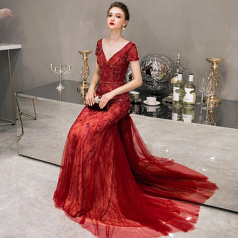 SSYFashion Новое высококачественное вечернее платье невесты благородный роскошный красный v-образный вырез Кристалл Русалка отделка бисером длинное вечернее платье Robe De Soiree