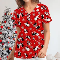 Cartoon Printed Scrubs Tops For Womens Short Sleeve V-Neck Nurse Uniform Tshirts Chiristmas Hospital Pet Shop Salon Workwear A40