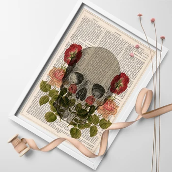 

Vintage Dictionary Book Art Print Skull Red Roses Art Print Poster Canvas Wall Painting For Home Decor Picture No Frame