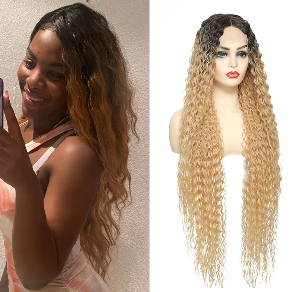 U.SHINE Ombre Brown Light Blonde Platinum Long Wavy Middle Part Hair Wig Cosplay Natural Heat Resistant Synthetic Wig for Women