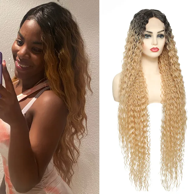 U.SHINE Ombre Brown Light Blonde Platinum Long Wavy Middle Part Hair Wig Cosplay Natural Heat Resistant Synthetic Wig for Women YL-1403A