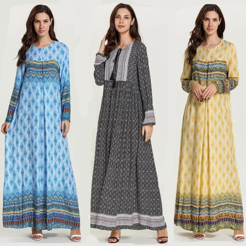 

Muslim Women Print Zipper Front Long Dress Abaya Kaftan Islamic Dubai Arab Robes Loose Ethnic Arab Long Sleeve Vintage Fashion
