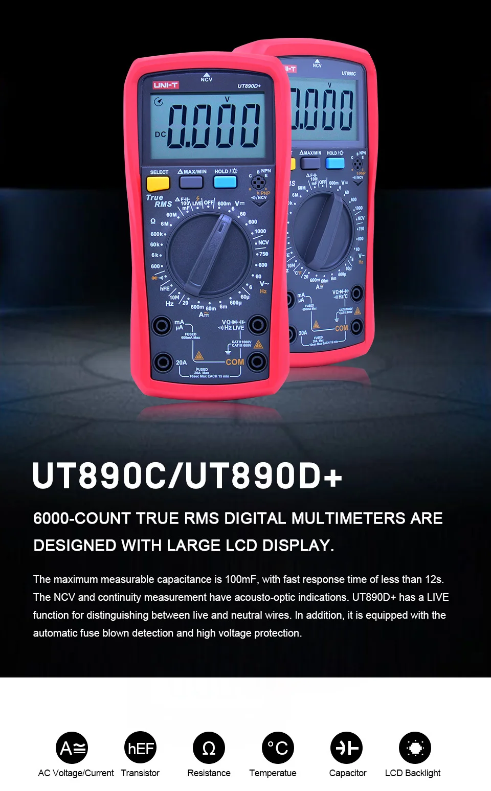 UNI-T UT890C UT890D+ True RMS цифровой мультиметр AC DC Напряжение измеритель тока Сопротивление Емкость ACV Измерение частоты ЖК-дисплей NCV