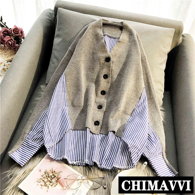 

Fake Two Piece Women's Knitted Sweaters Lazy Wind Spring Student Girls V-neck Stripes Stitching Loose Cardigan Shirt Jackets