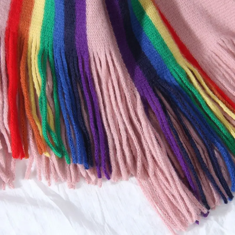 190x40 см Пашмина для женщин и девочек, Радужный вертикальный полосатый лоскутный большой шарф, шаль с кисточками, зимнее теплое одеяло