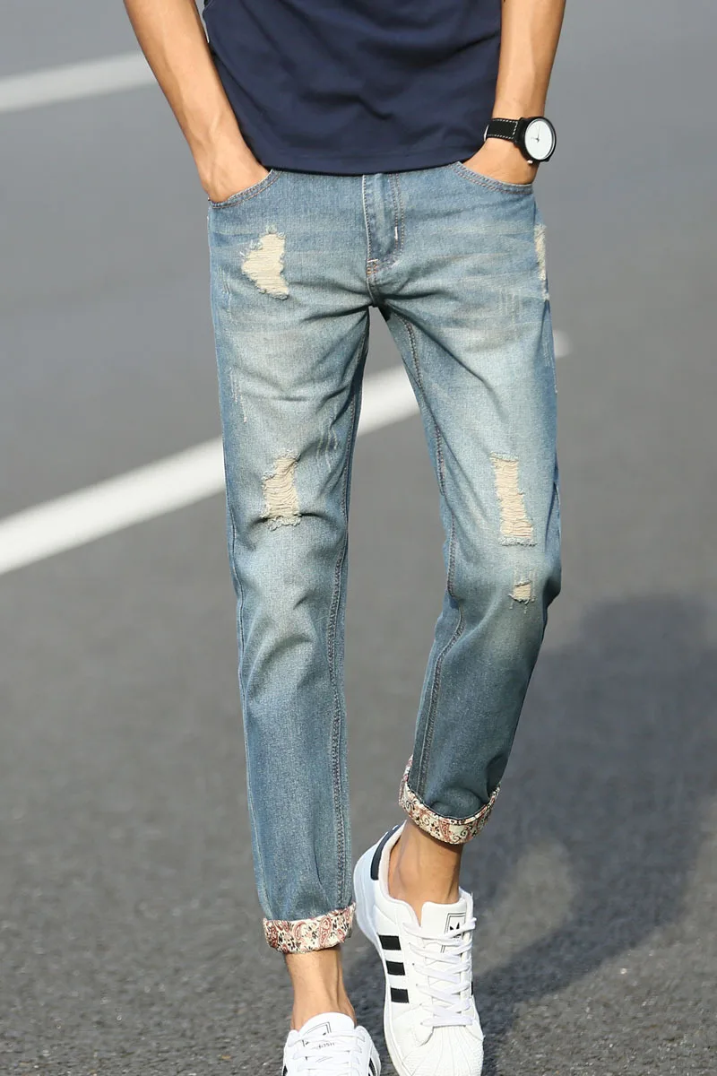 

2019 Spring New Products Men Korean-style Slim Fit Capri Pants Knee Large with Holes Jeans Japanese-style Harem Ripped Jeans