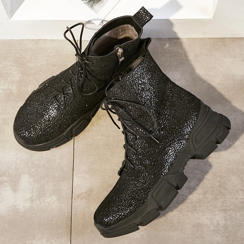 

Women's genuine leather lace-up flats martin boots leisure punk Motorcycle boots autumn platform flats short booties shoes women