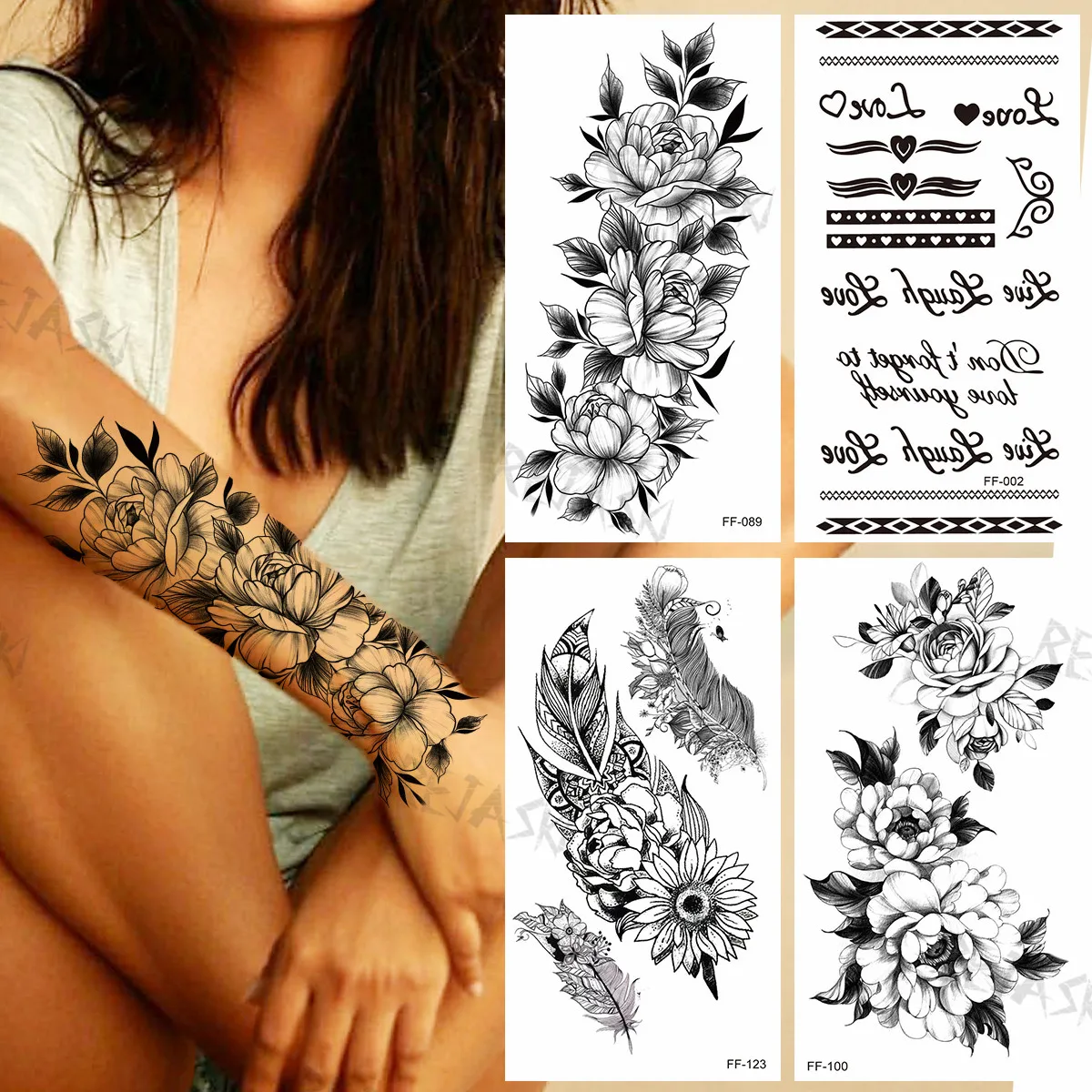 

Dahlia Temporary Tattoos For Women Adults Realistic Feather Letter Flora Fake Tattoo Sticker Waterproof Creative Arm Tatoos Show