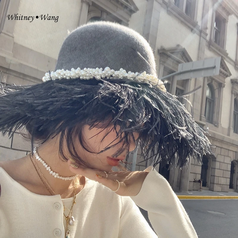 WHITNEY WANG осенне-зимняя модная уличная Женская шерстяная шляпа с жемчугом, бисером и перьями, Стильные Шапки