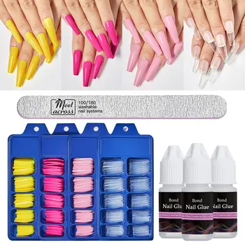 

MEET ACROSS 100Pcs/Box False Nail Tips Colorful Nail Tips Flat Shape Nail Art Tips Clear Full Cover Manicure Fake Nail Tips