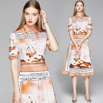

Fashion Female Pattern Letter Print Dress High Waist Single-Breasted Pleated Summer Short Sleeve Vintage Midi Dresses
